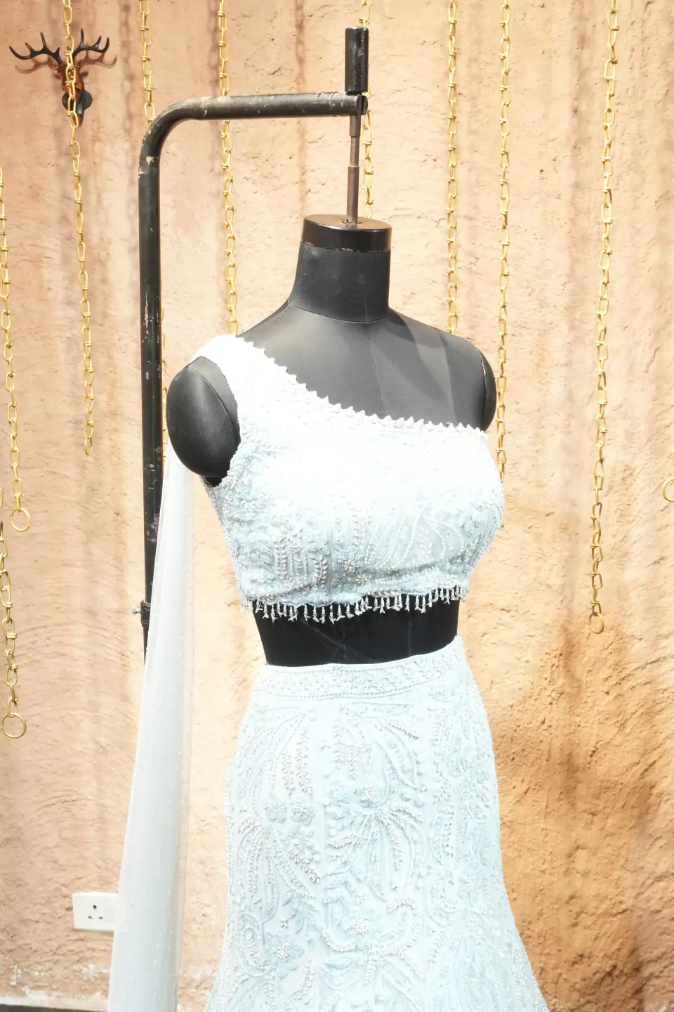 Ice-Blue One-Shoulder Lehenga by Yukti Vohra — one-shoulder bodice
