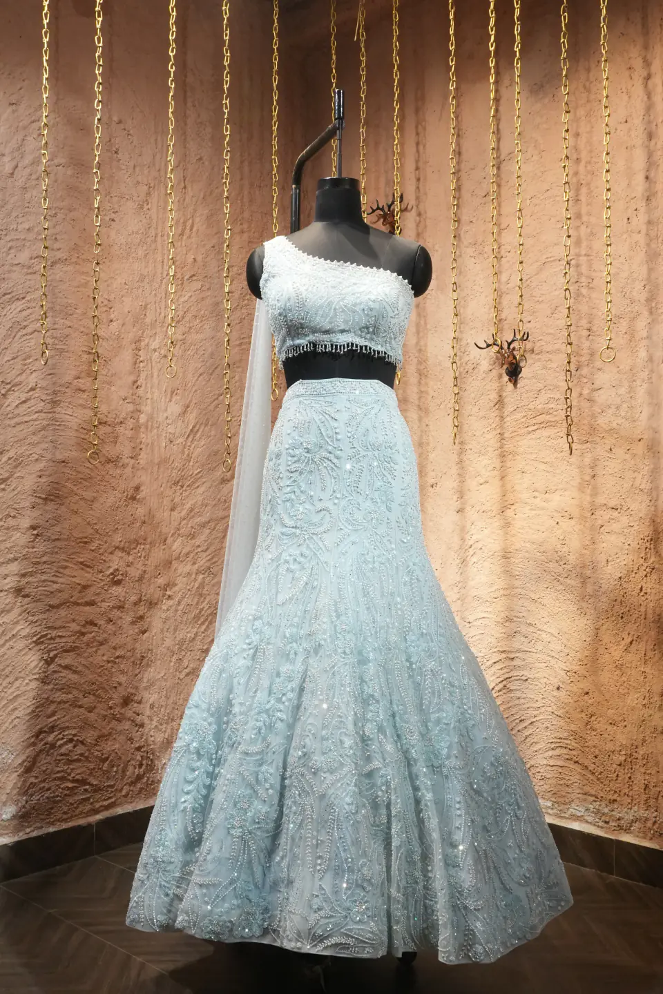 Ice-Blue One-Shoulder Lehenga by Yukti Vohra — full length