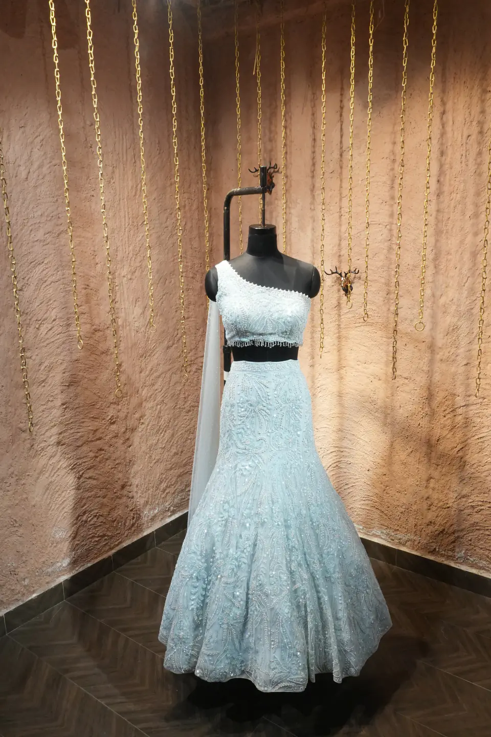 Ice-Blue One-Shoulder Lehenga by Yukti Vohra — side view