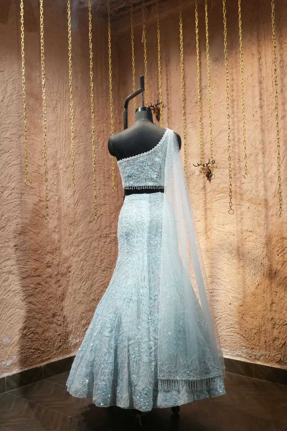 Ice-Blue One-Shoulder Lehenga by Yukti Vohra — flared hem