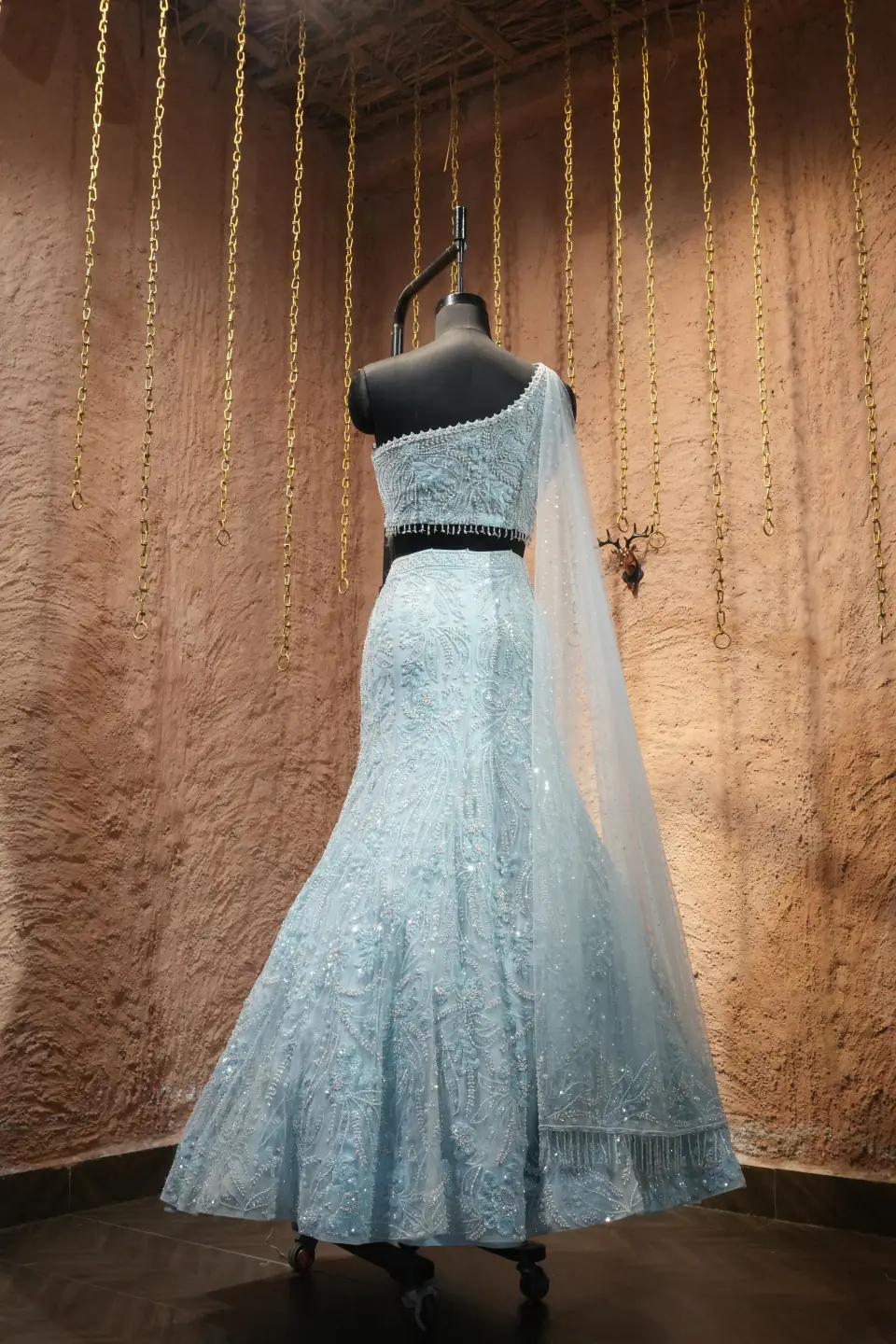 Ice-Blue One-Shoulder Lehenga by Yukti Vohra — with sheer cape