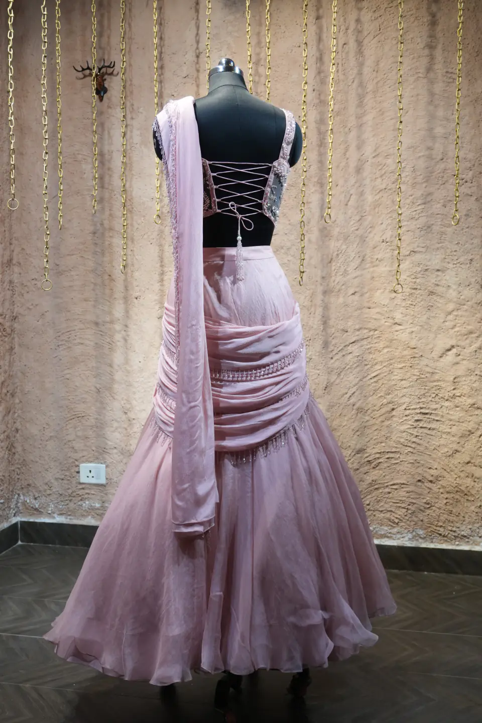 Lilac Draped Corset Lehenga by Yukti Vohra — lace-up corset back