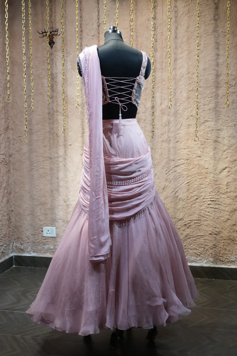 Lilac Draped Corset Lehenga by Yukti Vohra — lace-up back