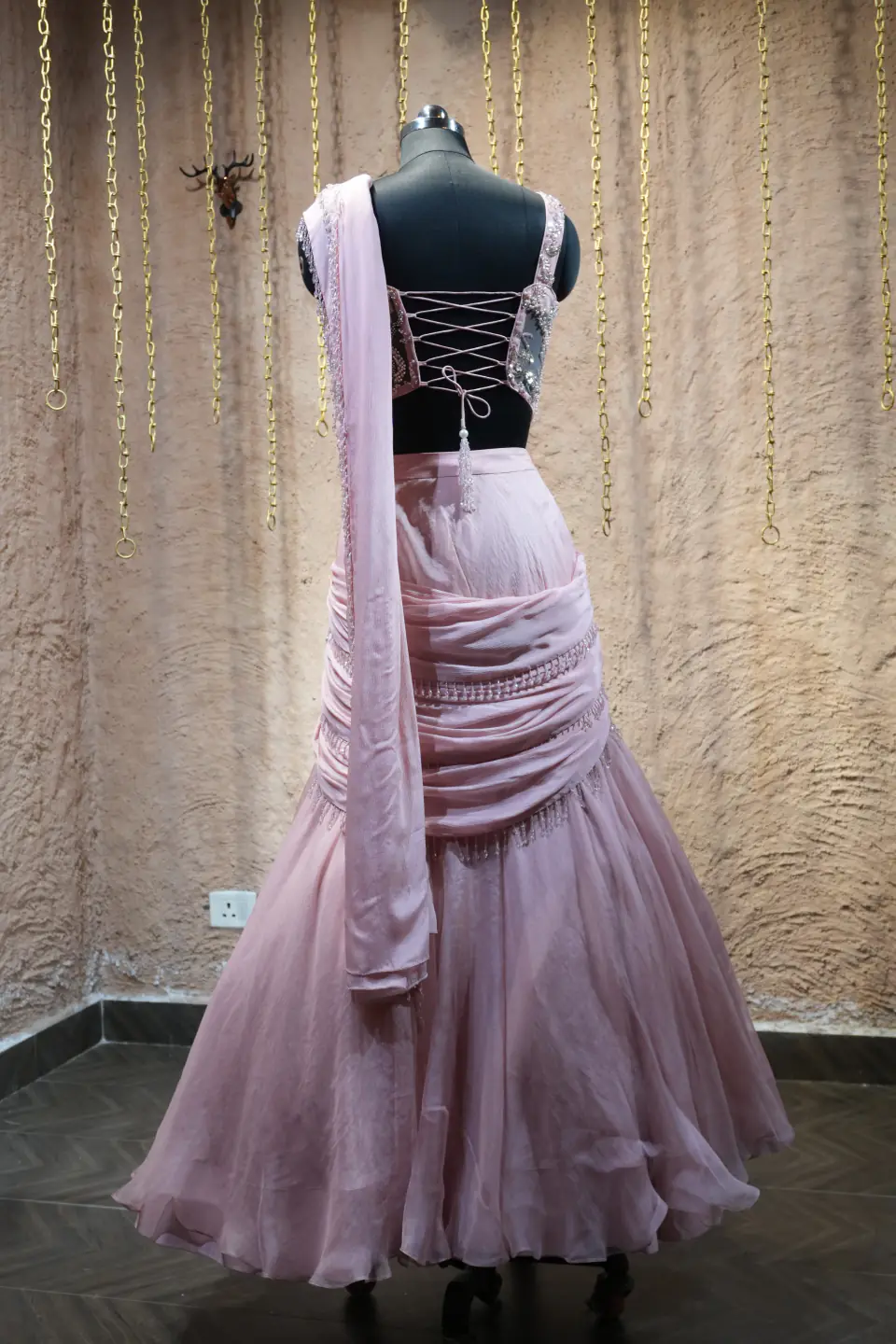 Lilac Draped Corset Lehenga by Yukti Vohra — back, full length