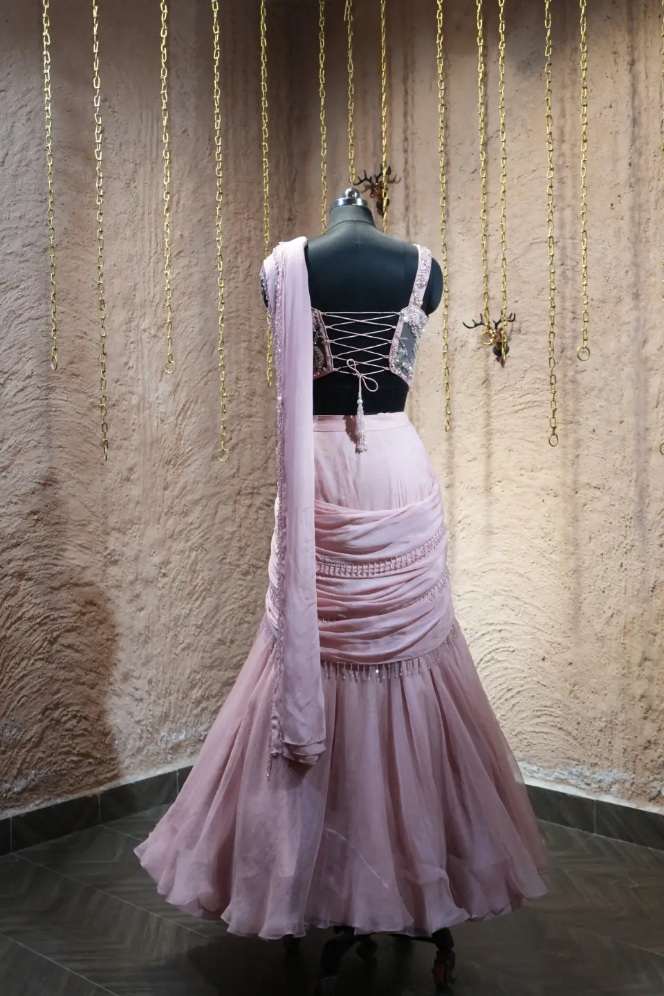 Lilac Draped Corset Lehenga by Yukti Vohra — lace-up corset detail