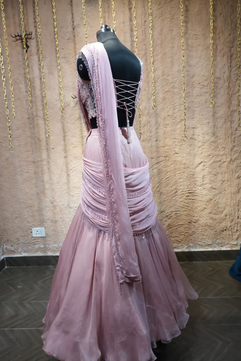 Lilac Draped Corset Lehenga by Yukti Vohra — draped side view
