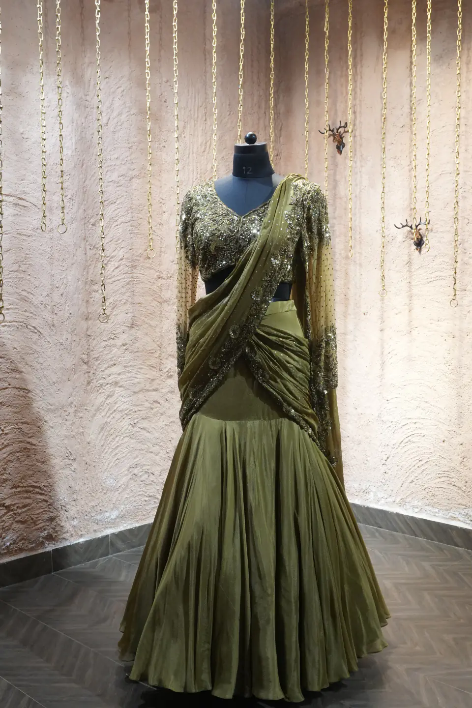 Olive Draped Saree Gown by Yukti Vohra — front view