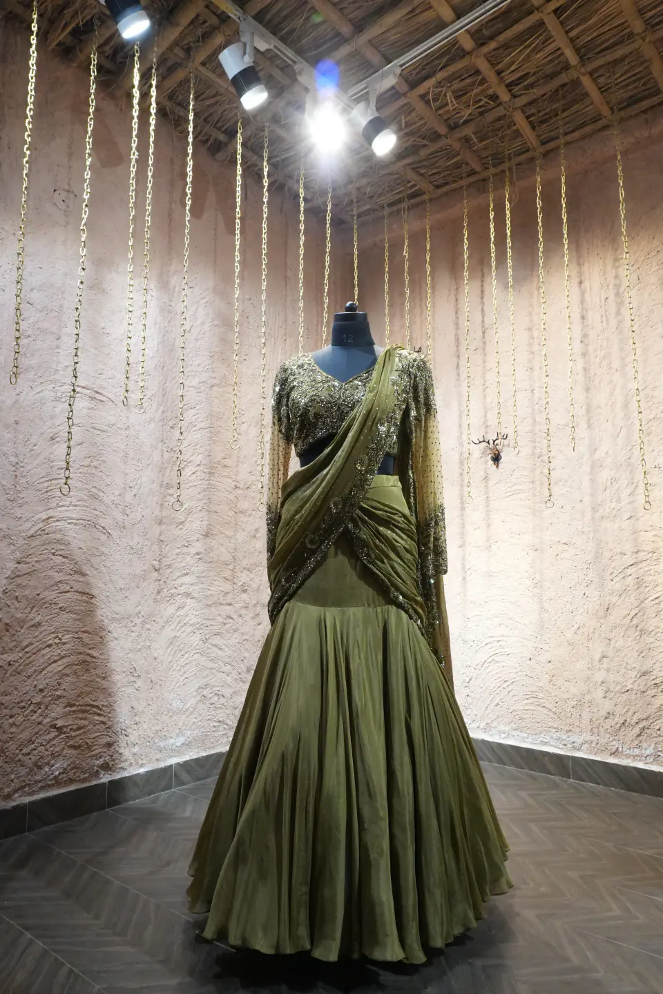 Olive Draped Saree Gown by Yukti Vohra — full length in the atelier
