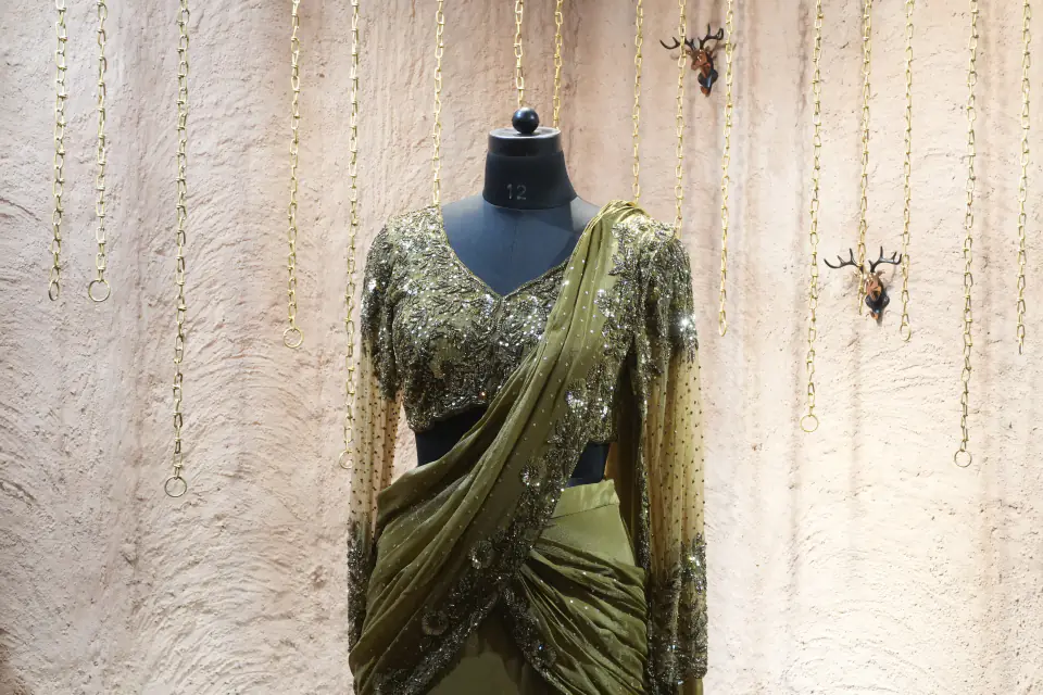 Olive Draped Saree Gown by Yukti Vohra — embellished bodice and drape