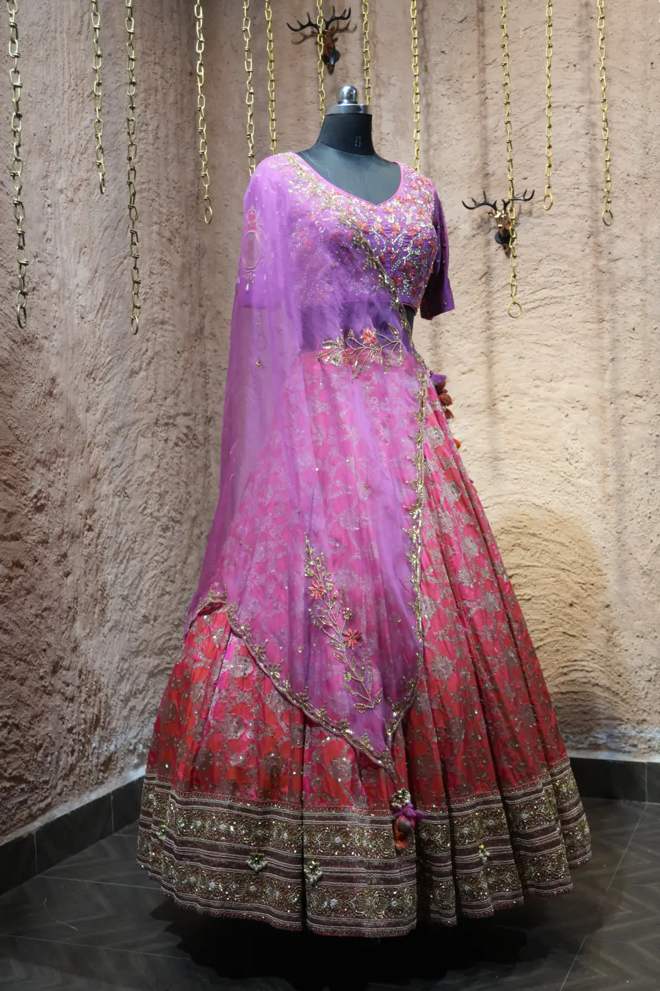 Orchid and Coral Lehenga by Yukti Vohra — front view