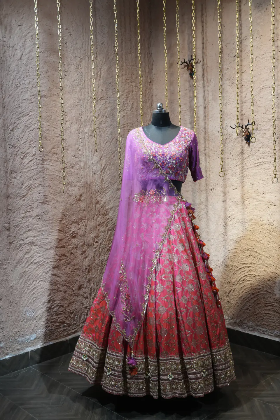Orchid and Coral Lehenga by Yukti Vohra — front view, full length