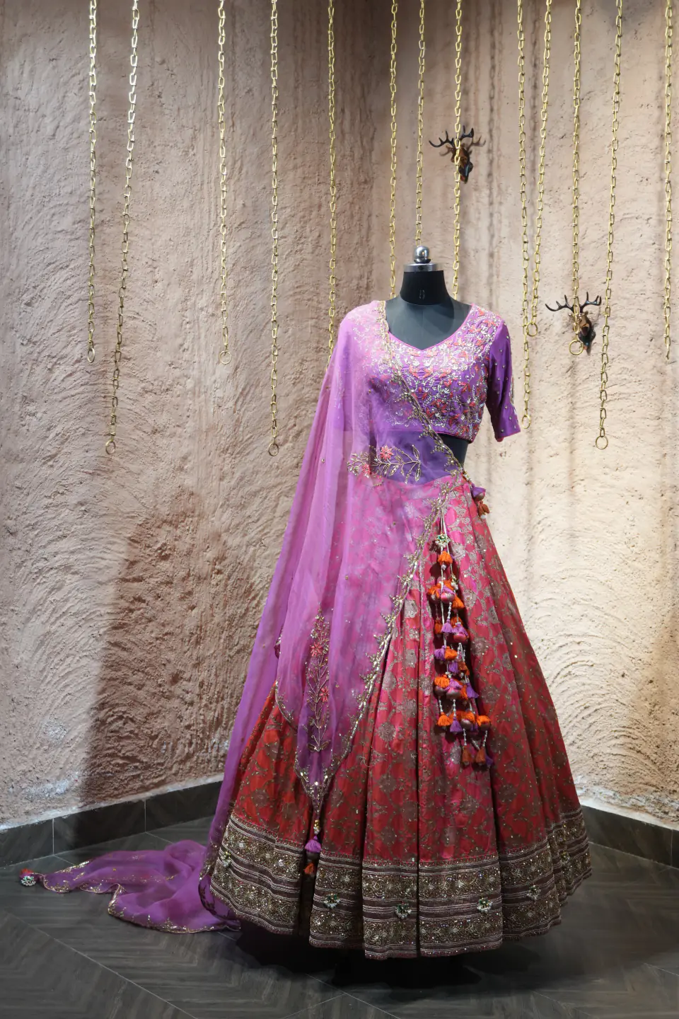 Orchid and Coral Lehenga by Yukti Vohra — with trailing dupatta