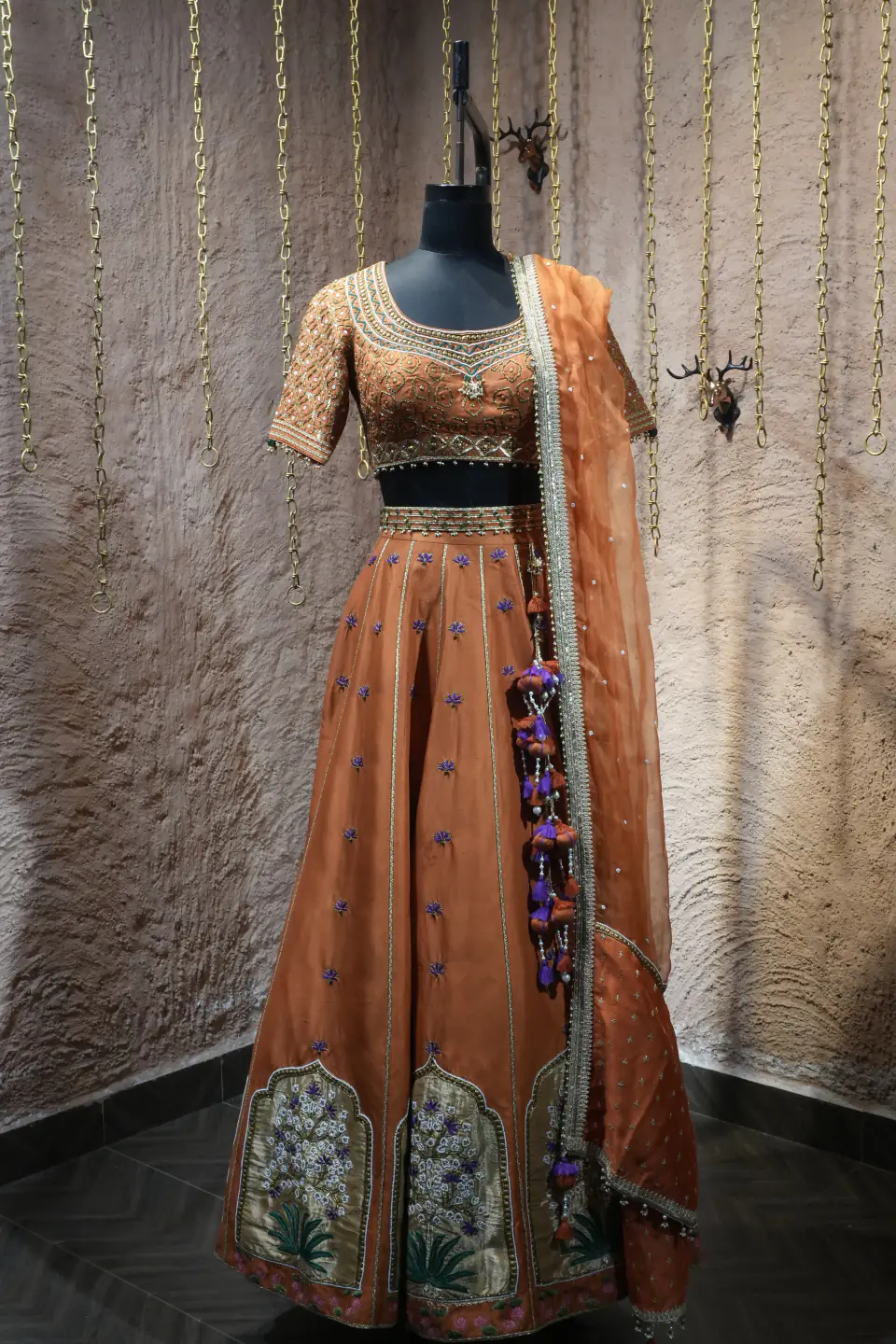 Rust Silk Lehenga with Mughal Arch Panels by Yukti Vohra — front view with dupatta