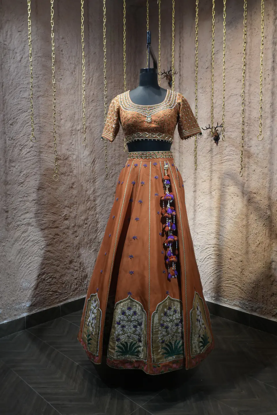Rust Silk Lehenga with Mughal Arch Panels by Yukti Vohra — blouse and skirt