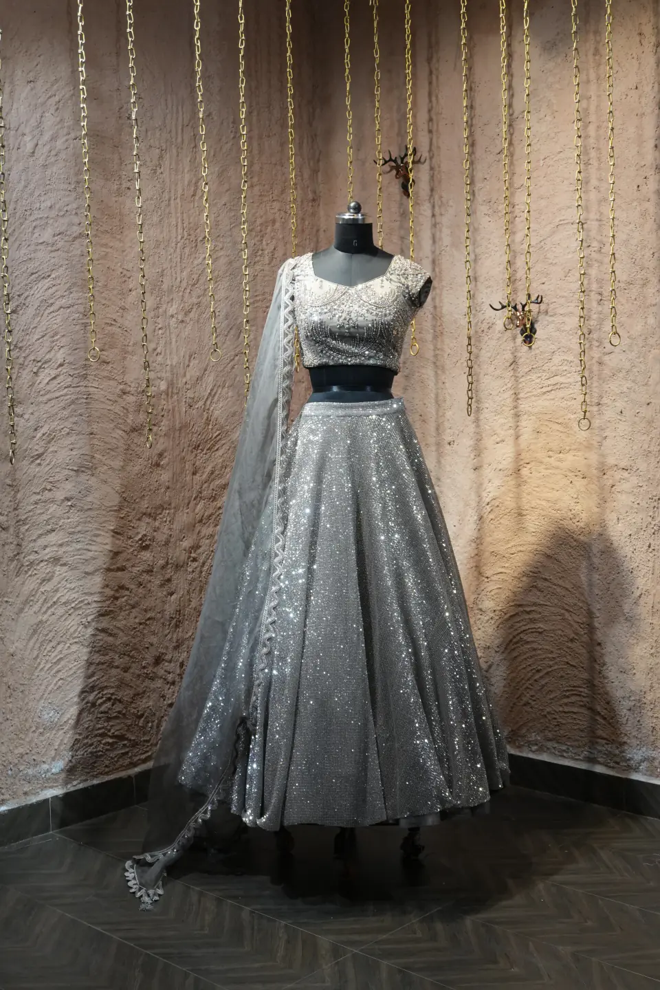 Silver Shimmer Lehenga by Yukti Vohra — front view