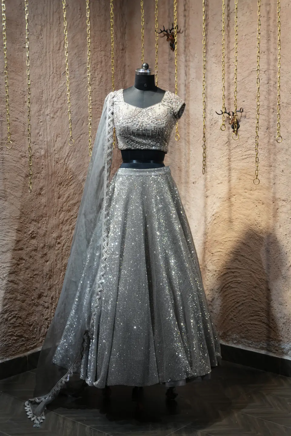 Silver Shimmer Lehenga by Yukti Vohra — full length